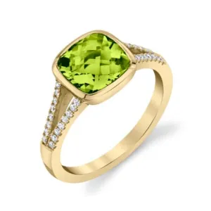 Cushion Cut Peridot Ring with Side Stones