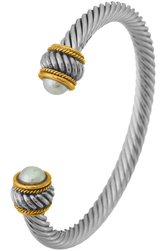 David Dupes - Twisted Pearl Cable Cuff Bracelet- White