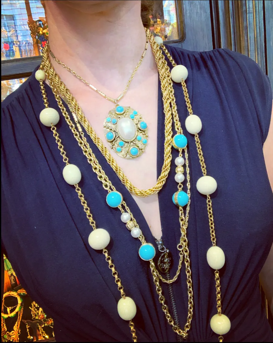 Dior Long gold sautoir chain with Glass Turquoise and Pearl