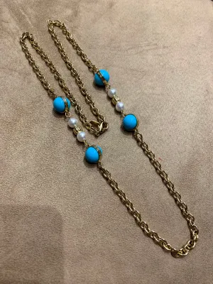 Dior Long gold sautoir chain with Glass Turquoise and Pearl