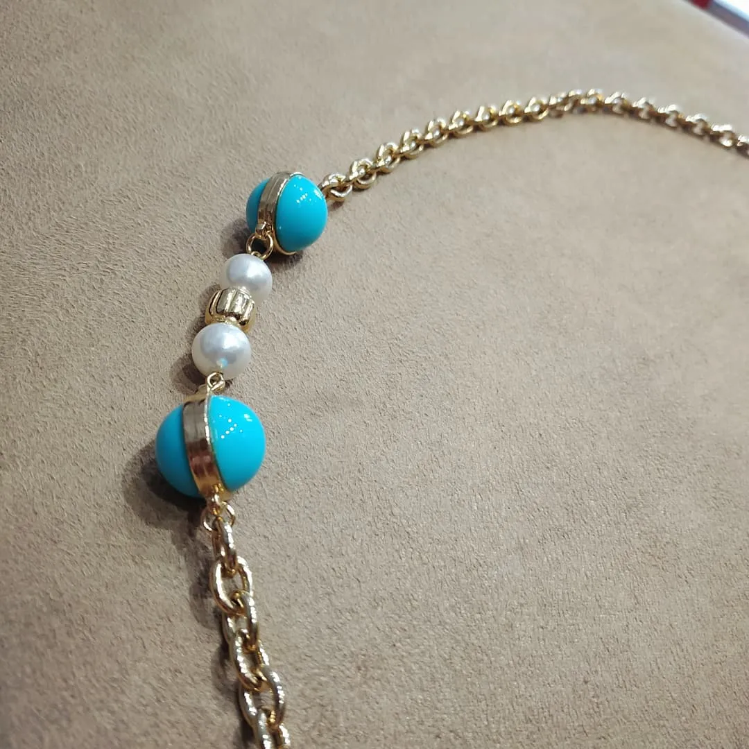 Dior Long gold sautoir chain with Glass Turquoise and Pearl