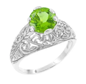 Edwardian Peridot Filigree Ring in 14 Karat White Gold