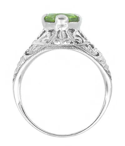 Edwardian Peridot Filigree Ring in 14 Karat White Gold