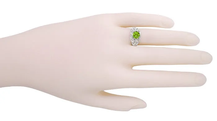 Edwardian Peridot Filigree Ring in 14 Karat White Gold