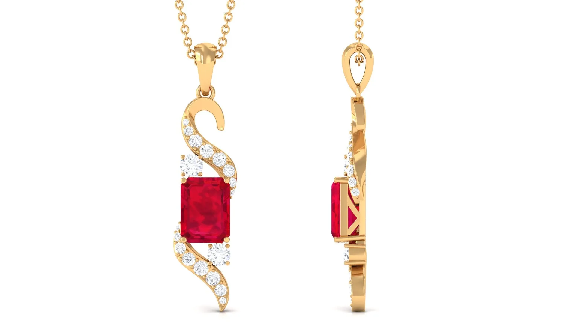 Emerald Cut Created Ruby Designer Dangle Pendant with Diamond