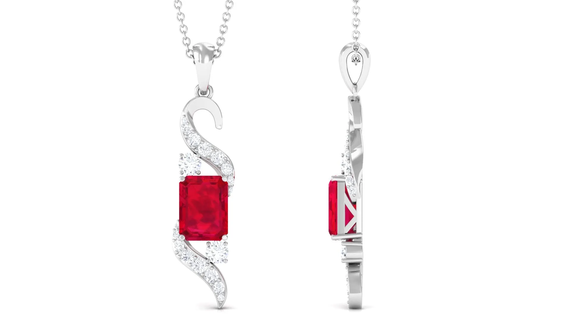 Emerald Cut Created Ruby Designer Dangle Pendant with Diamond