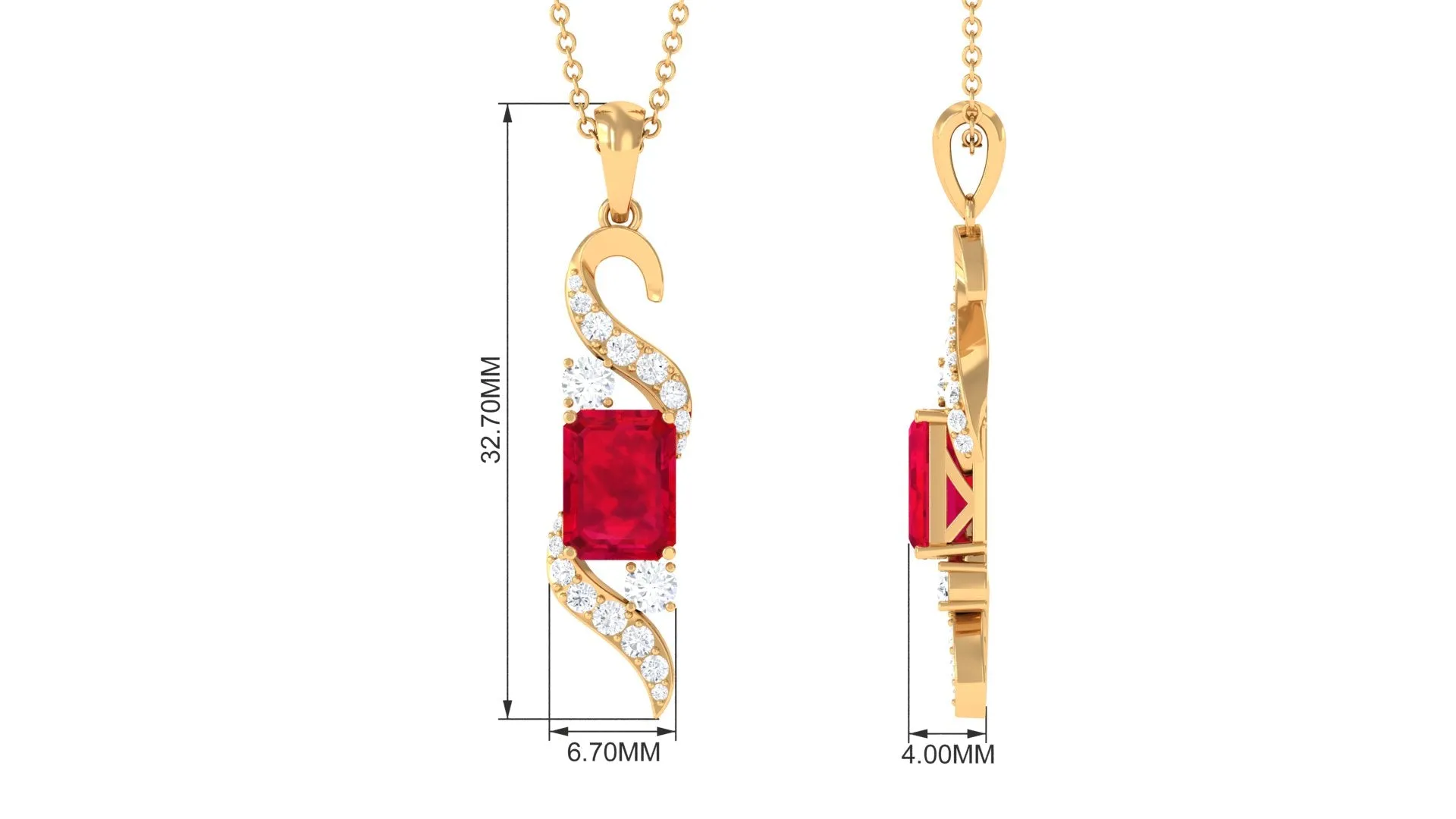 Emerald Cut Created Ruby Designer Dangle Pendant with Diamond