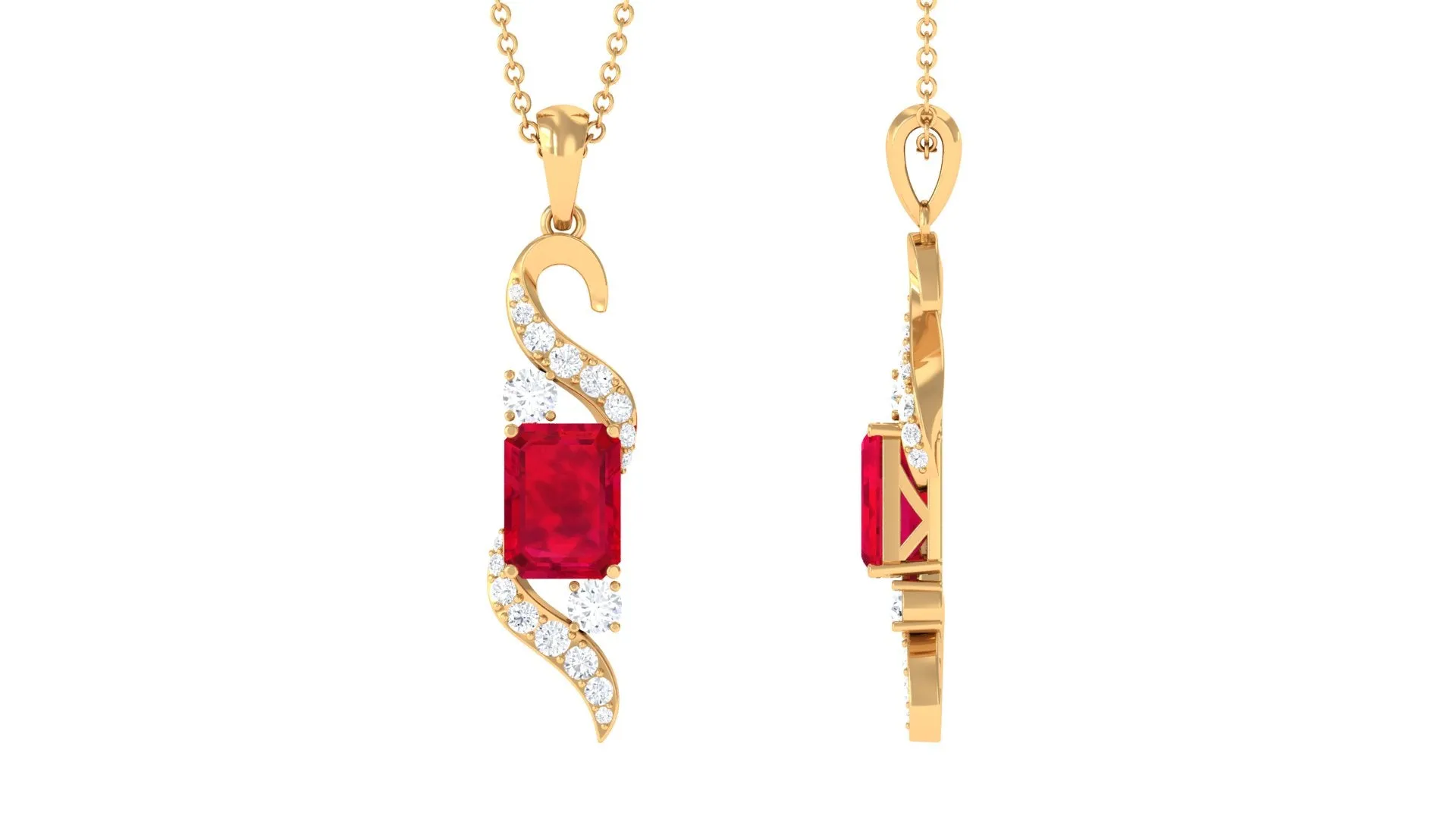 Emerald Cut Created Ruby Designer Dangle Pendant with Diamond