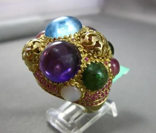 ESTATE EXTRA LARGE 35CT MULTI GEM 18KT YELLOW GOLD HANDCRAFTED FILIGREE FUN RING