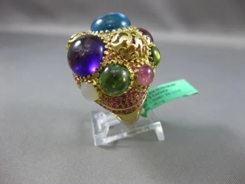 ESTATE EXTRA LARGE 35CT MULTI GEM 18KT YELLOW GOLD HANDCRAFTED FILIGREE FUN RING
