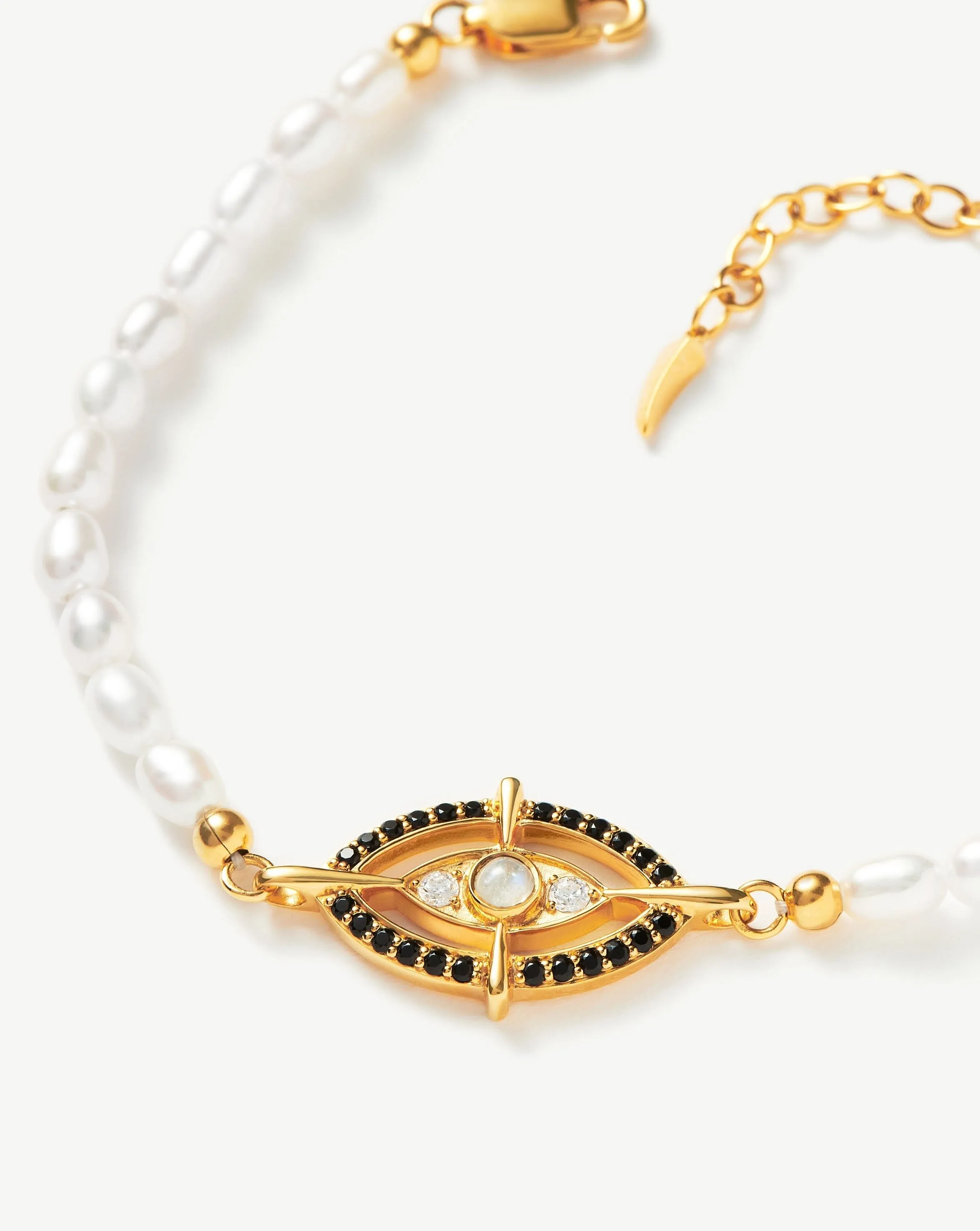 Evil Eye Amulet Pearl Pendant Bracelet | 18k Gold Vermeil/Rainbow Moonstone & Pearl