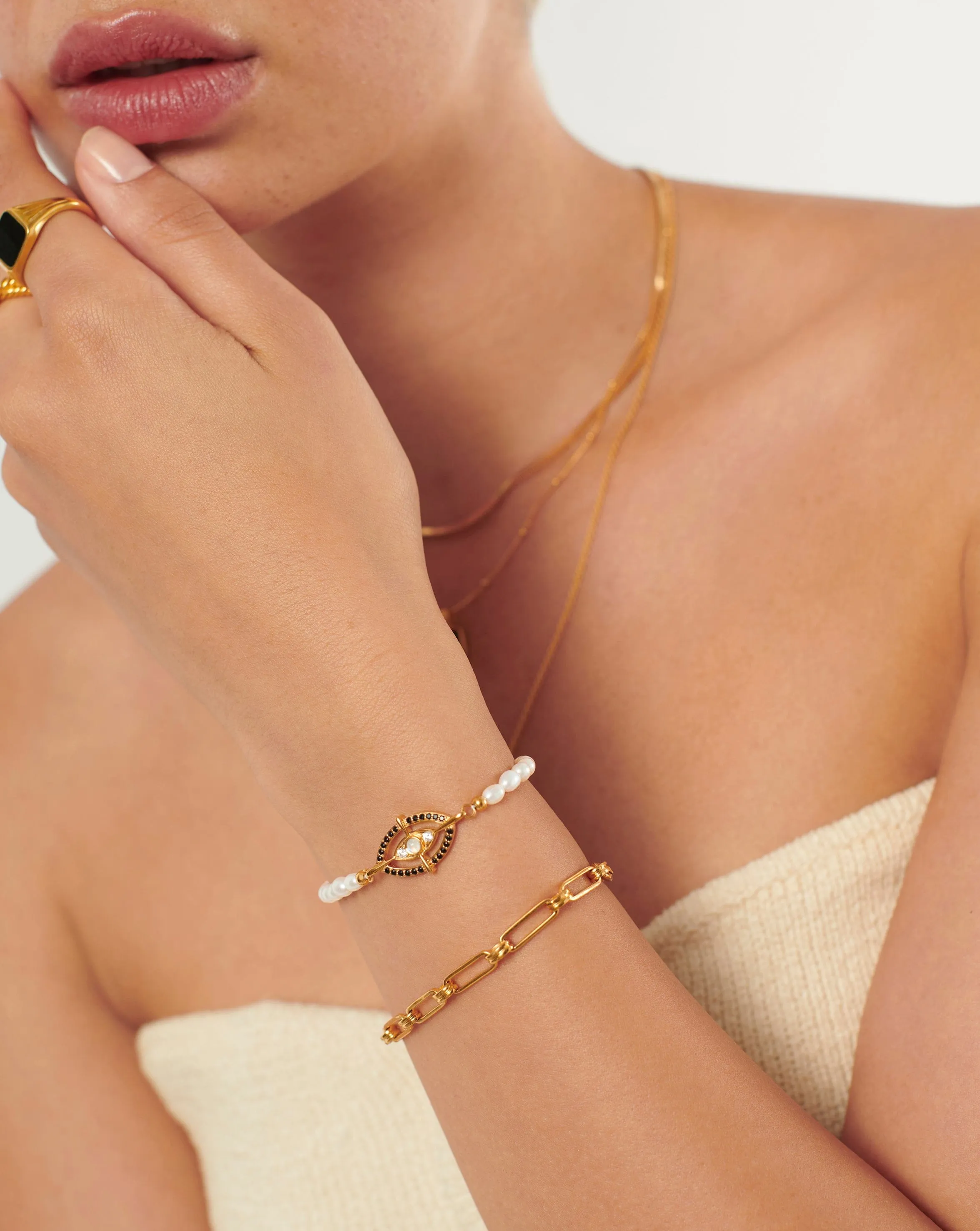 Evil Eye Amulet Pearl Pendant Bracelet | 18k Gold Vermeil/Rainbow Moonstone & Pearl