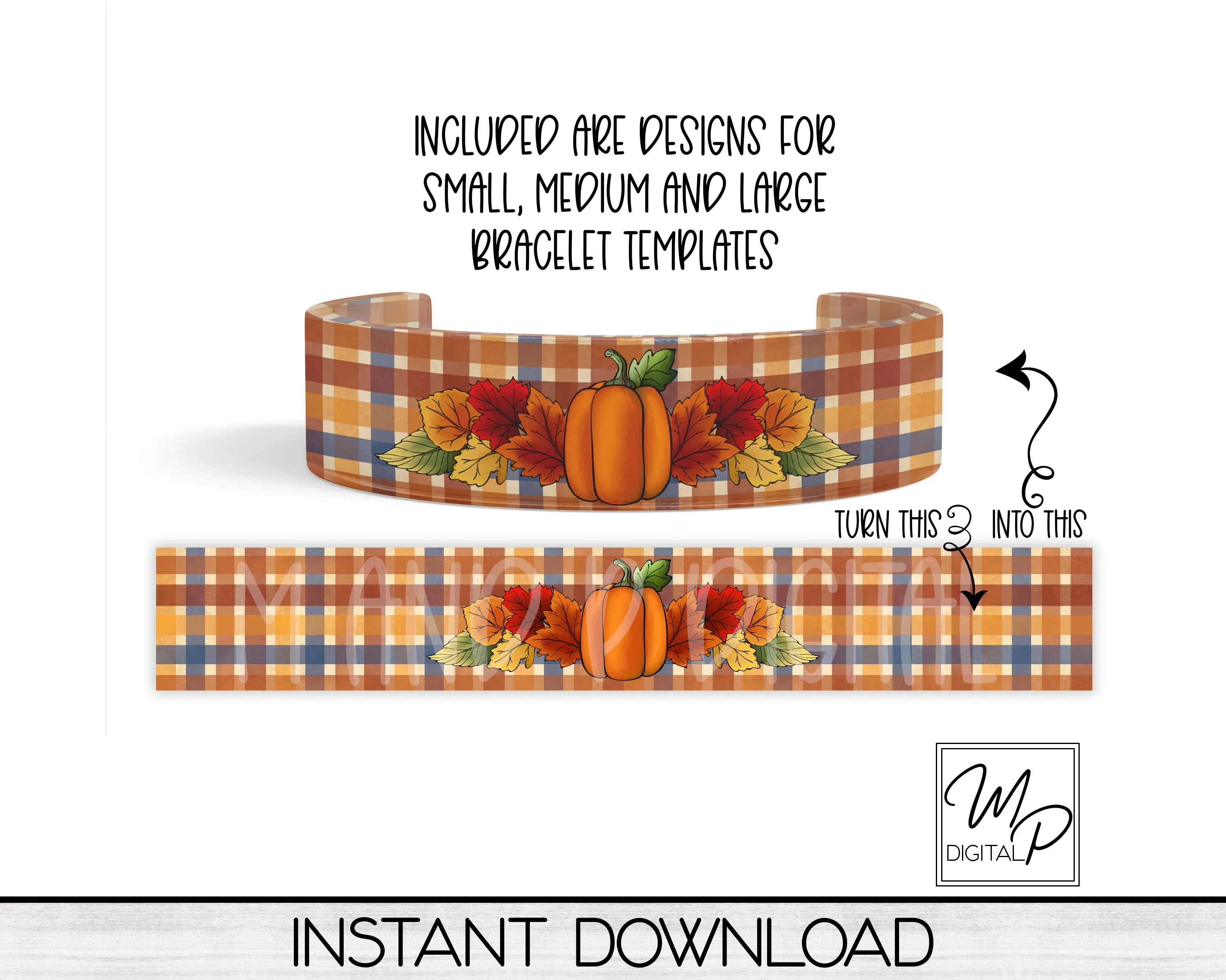 Fall Pumpkin Acrylic Cuff Bracelet PNG Design for Sublimation, Bonus Earring Designs, Digital Download