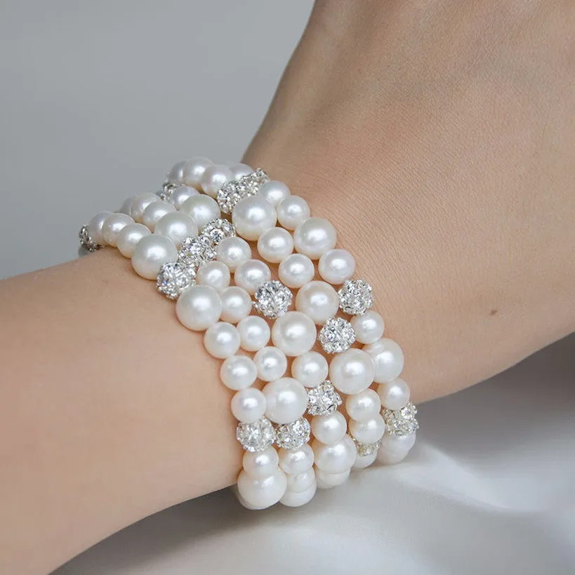 Glamorous Five Rows Freshwater Pearls and Rhinestones Wedding Bracelet, Bridal, Bridesmaids