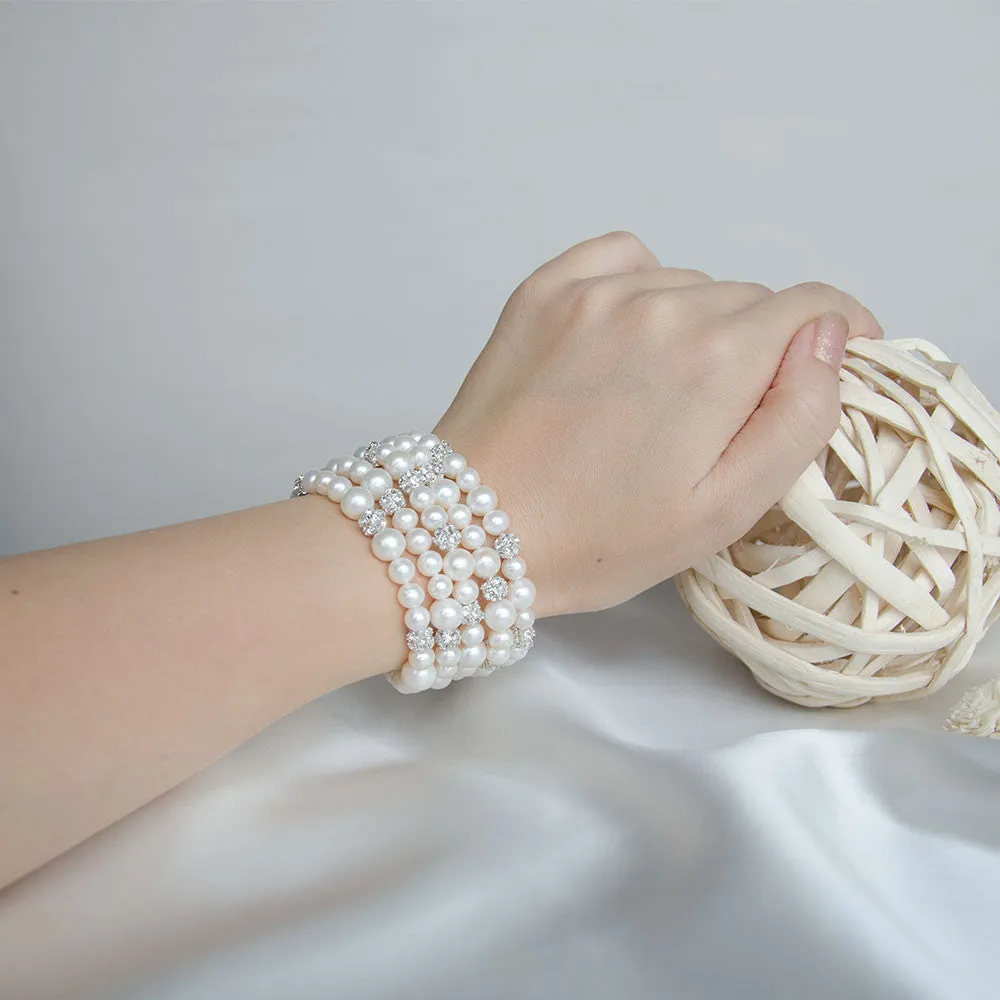 Glamorous Five Rows Freshwater Pearls and Rhinestones Wedding Bracelet, Bridal, Bridesmaids