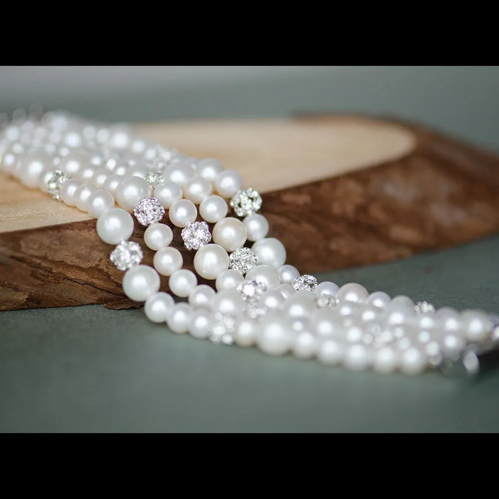 Glamorous Five Rows Freshwater Pearls and Rhinestones Wedding Bracelet, Bridal, Bridesmaids