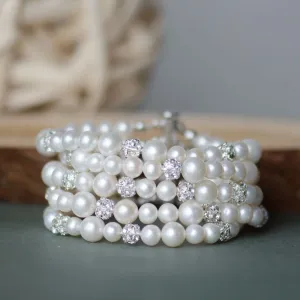 Glamorous Five Rows Freshwater Pearls and Rhinestones Wedding Bracelet, Bridal, Bridesmaids