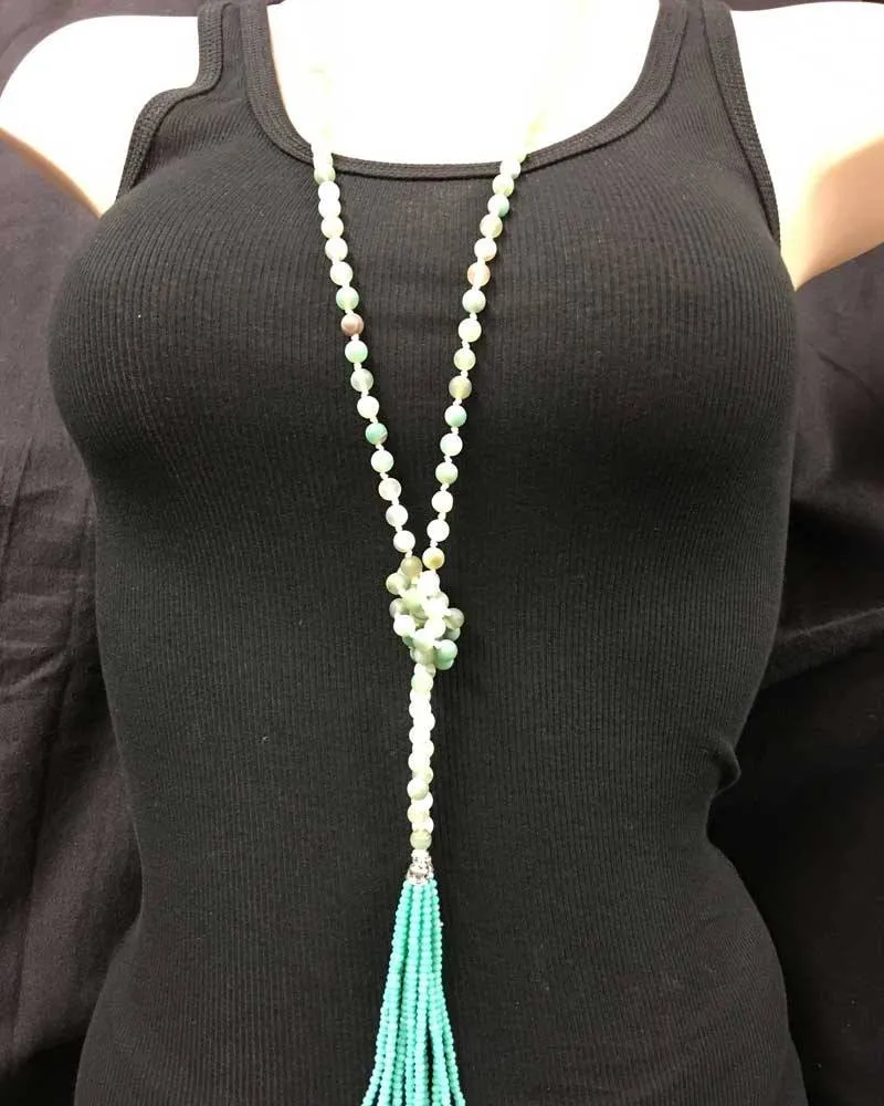 Hand Knotted Amazonite Tassel Lariat Necklace