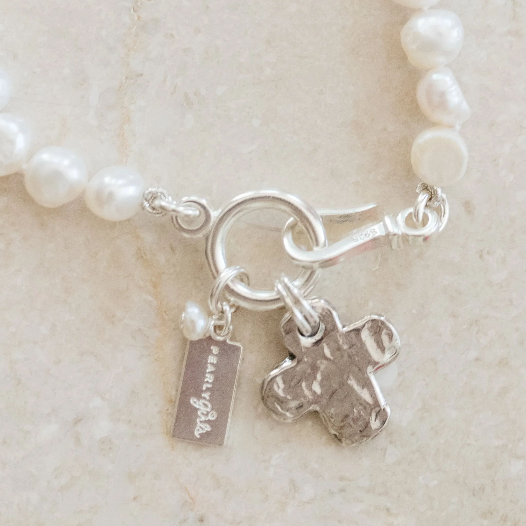 Lanie Pearl Bracelet | White Freshwater Pearl Bracelet with Sterling Silver Hammered Cross | By Pearly Girls