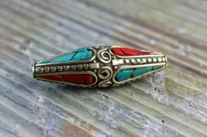 Large Brass Coral and Turquoise Tibetan Bead