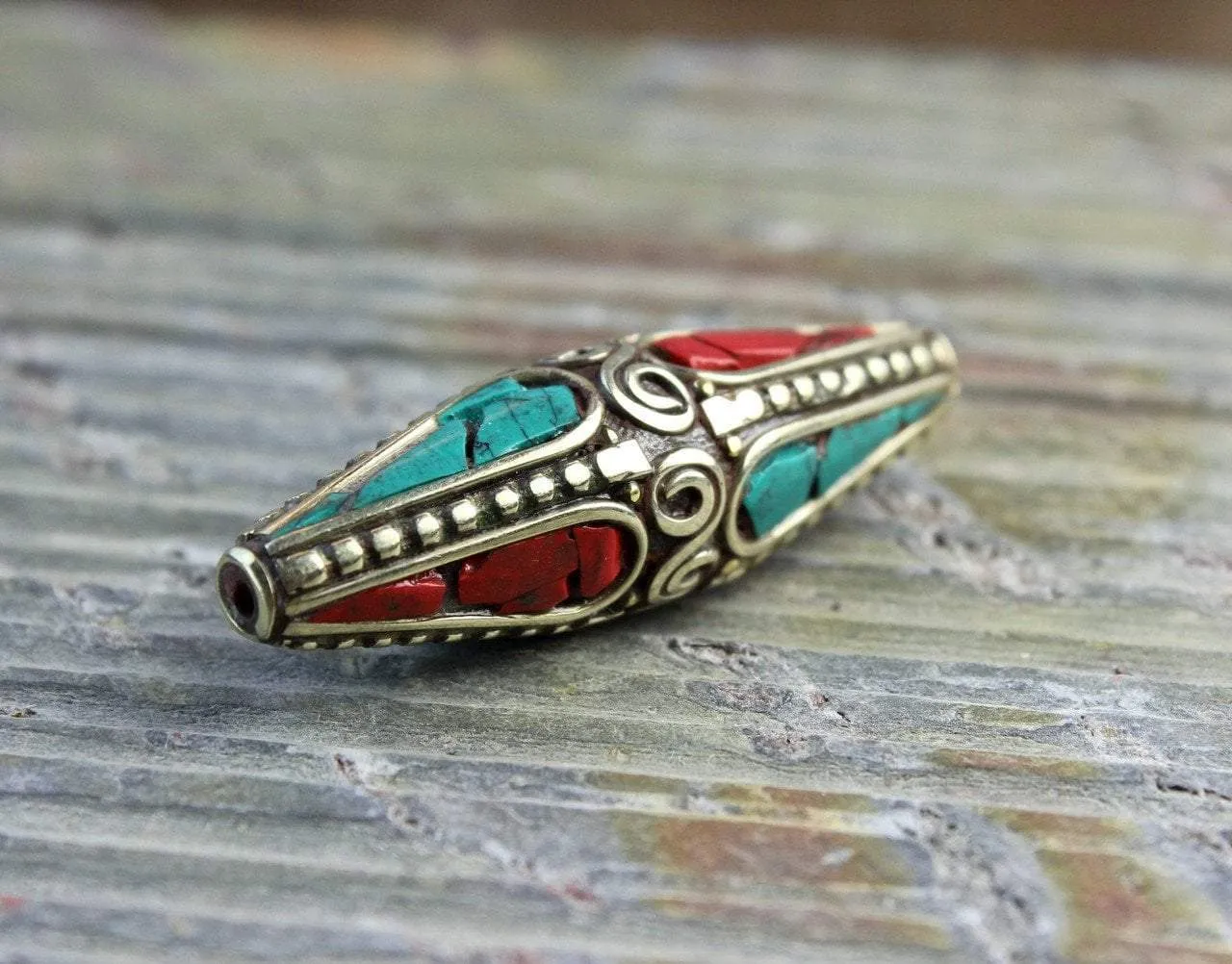 Large Brass Coral and Turquoise Tibetan Bead