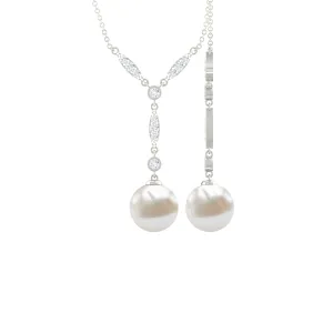Lariat Style Diamond and Freshwater Pearl Drop Y Necklace