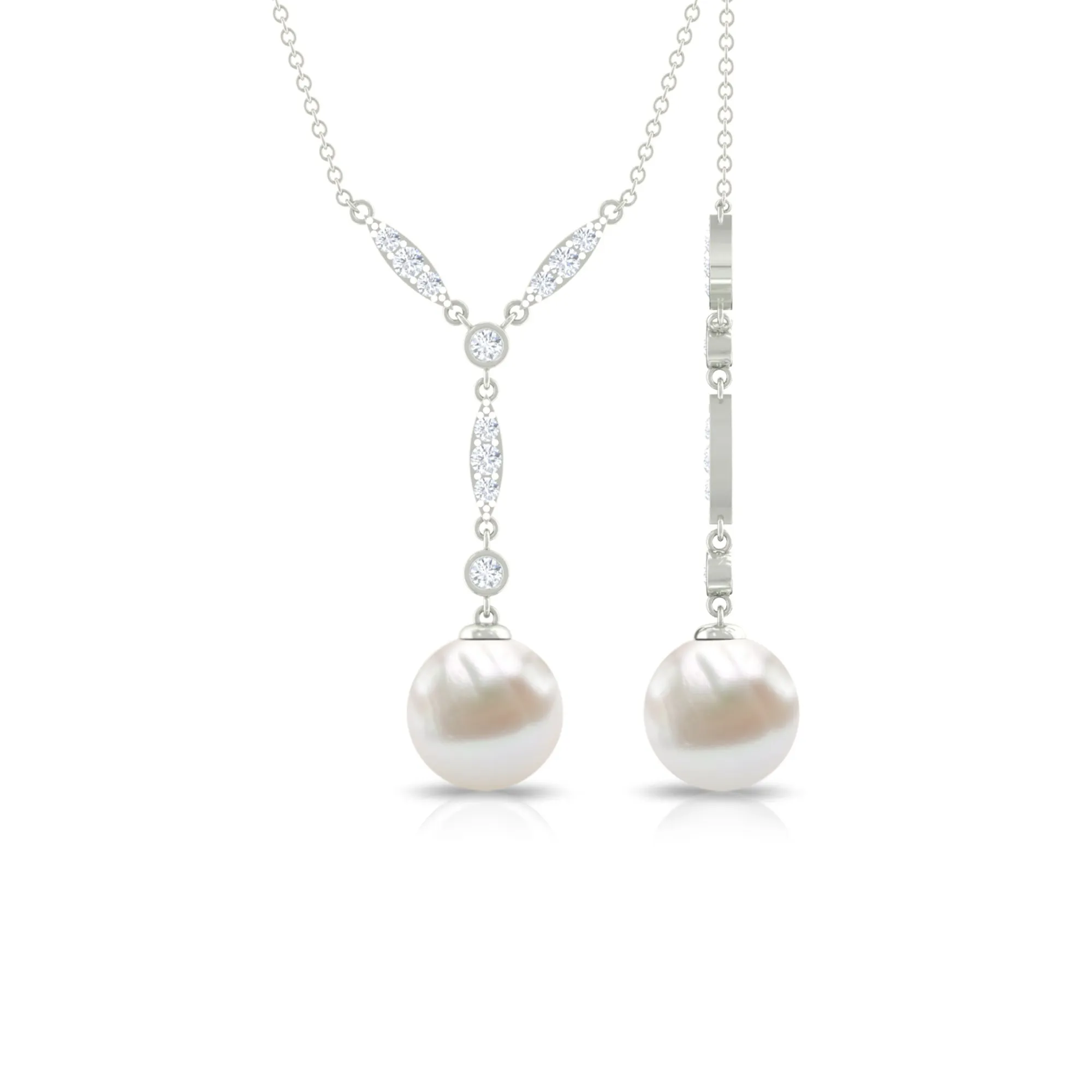 Lariat Style Diamond and Freshwater Pearl Drop Y Necklace