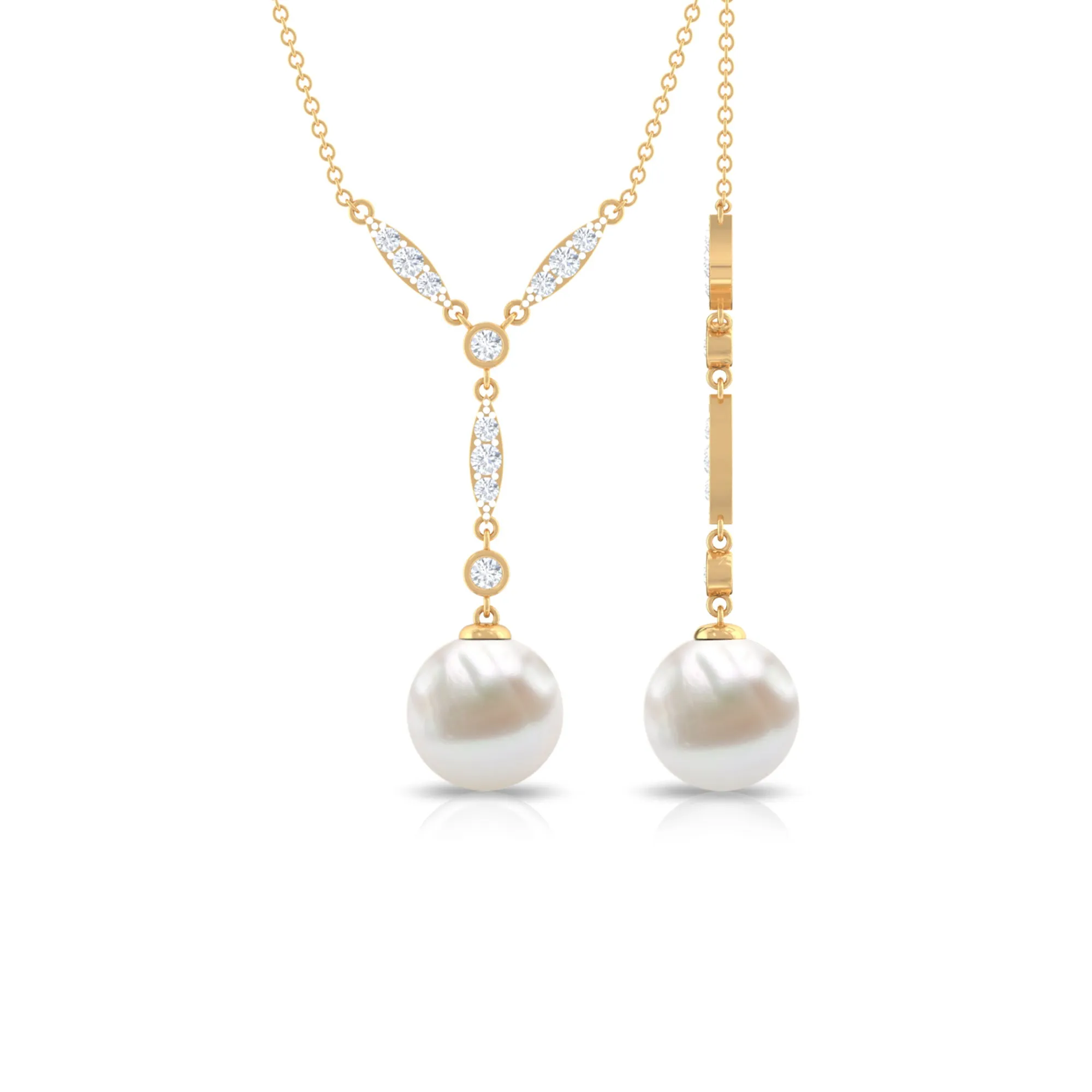 Lariat Style Diamond and Freshwater Pearl Drop Y Necklace