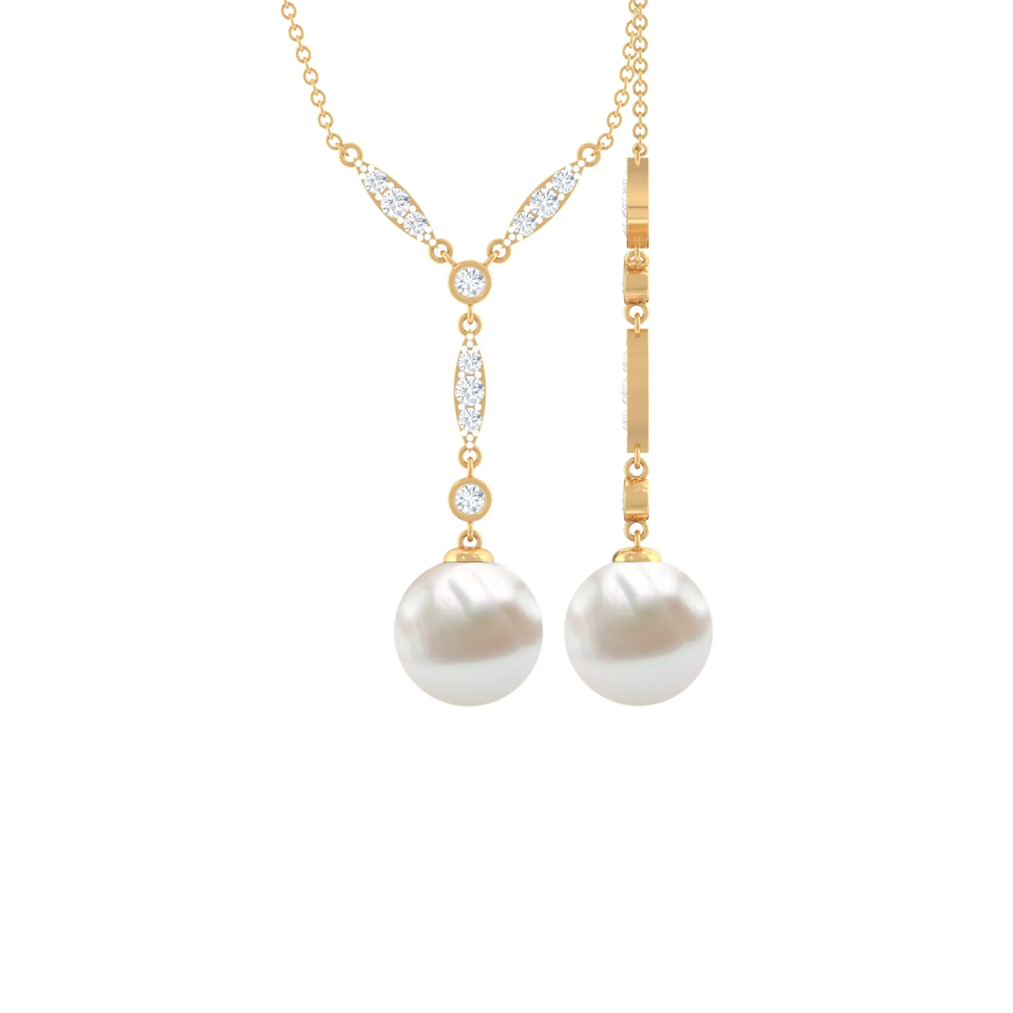 Lariat Style Diamond and Freshwater Pearl Drop Y Necklace