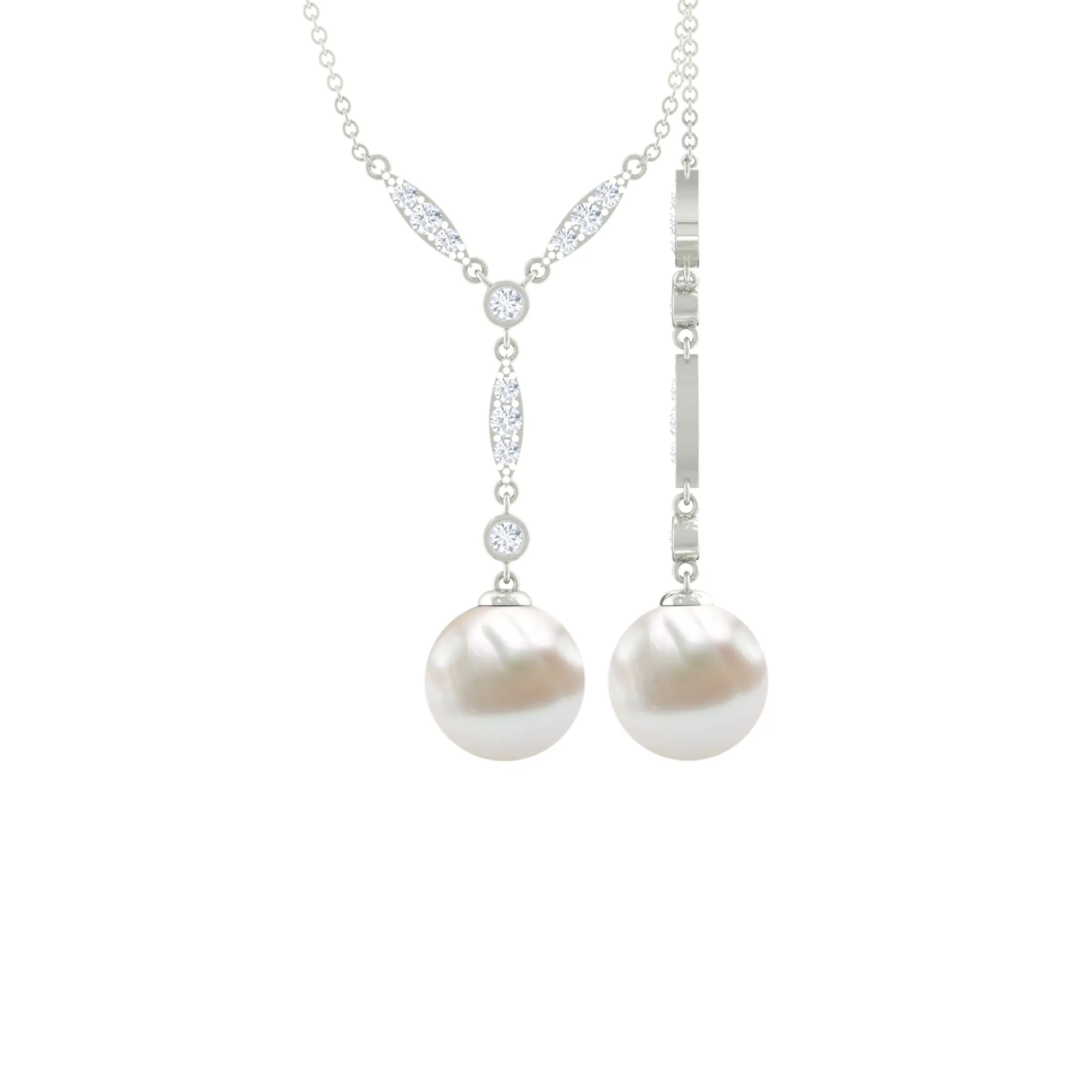 Lariat Style Diamond and Freshwater Pearl Drop Y Necklace