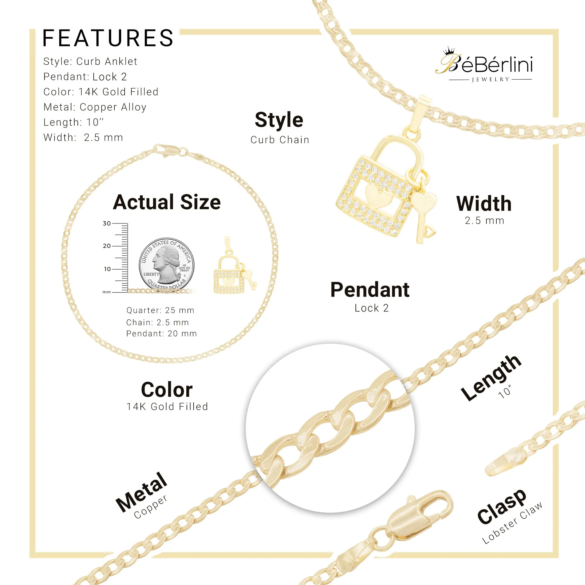 Lock CZ Pendant 14K Anklet Gold Filled Cubic Zirconia 10" Women