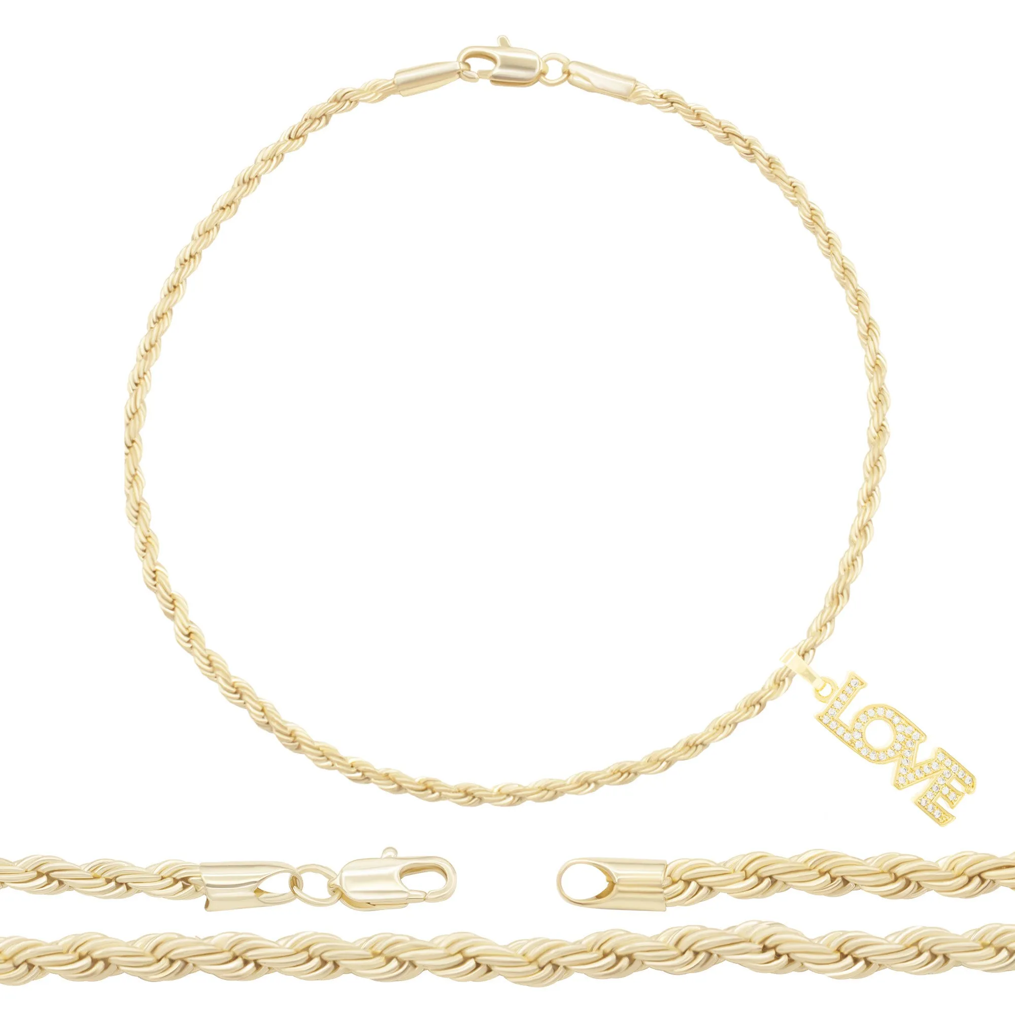 Love CZ Pendant 14K Anklet Bracelet Gold Filled Cubic Zirconia Charm Rope Foot Set 10" WomenJewelry