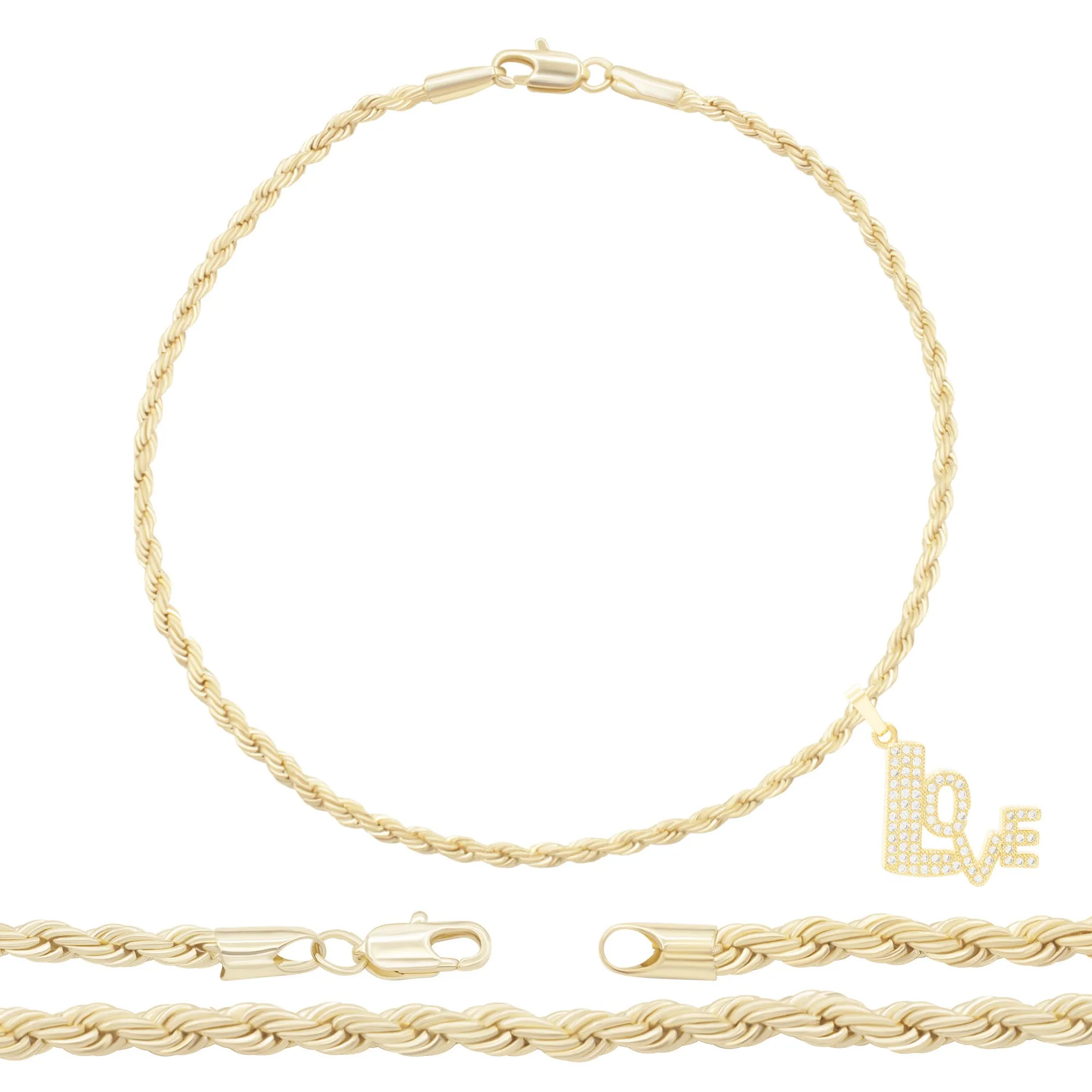 Love CZ Pendant 14K Anklet Bracelet Gold Filled Cubic Zirconia Charm Rope Foot Set 10" WomenJewelry