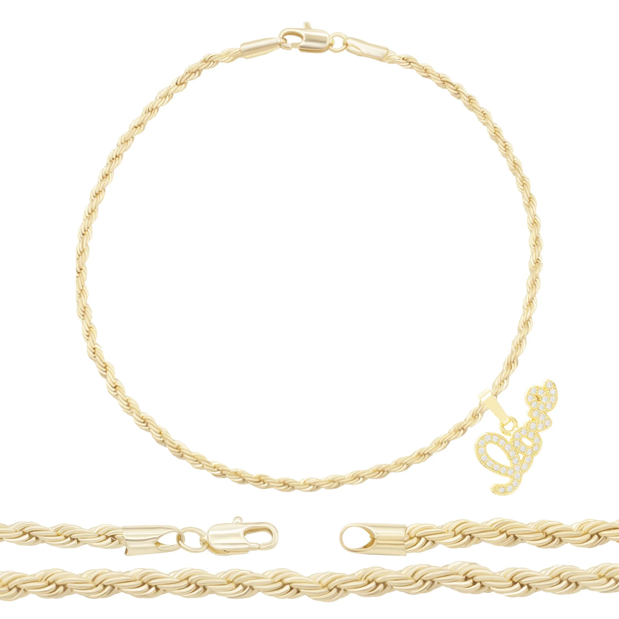 Love CZ Pendant 14K Anklet Bracelet Gold Filled Cubic Zirconia Charm Rope Foot Set 10" WomenJewelry