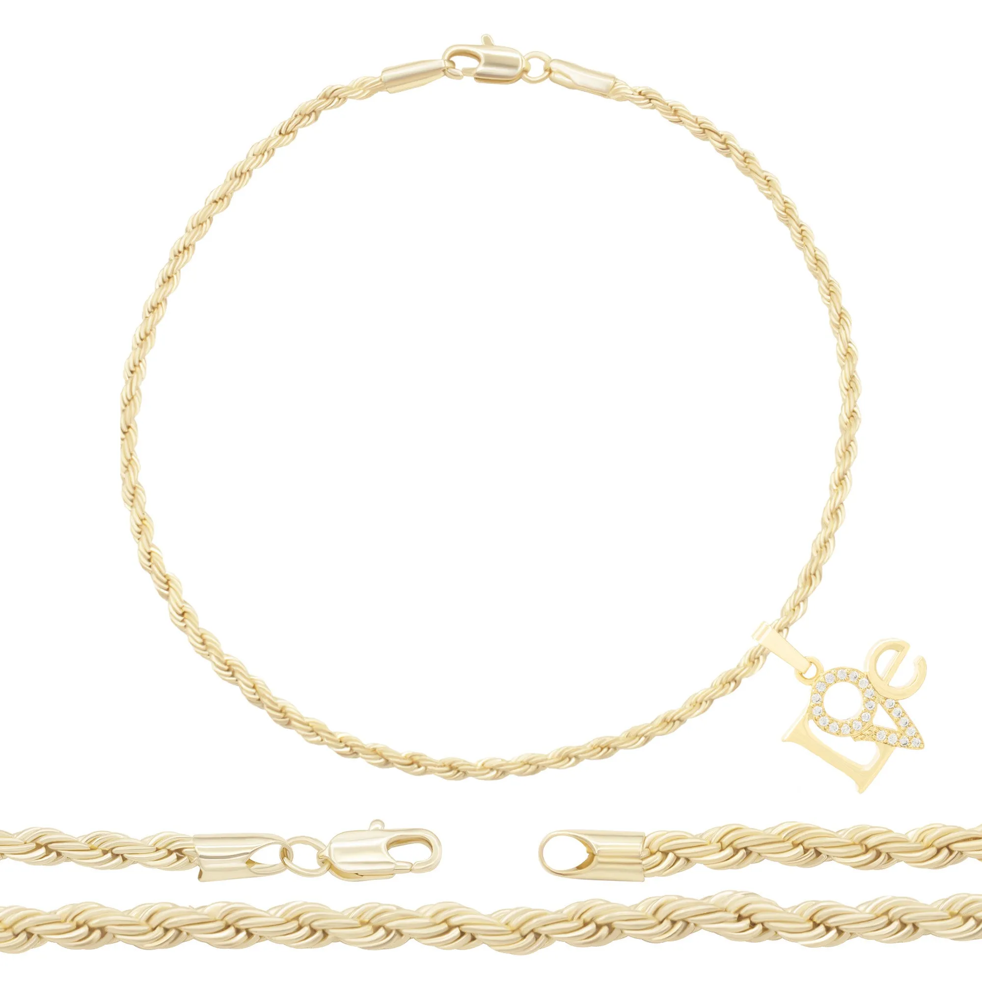 Love CZ Pendant 14K Anklet Bracelet Gold Filled Cubic Zirconia Charm Rope Foot Set 10" WomenJewelry