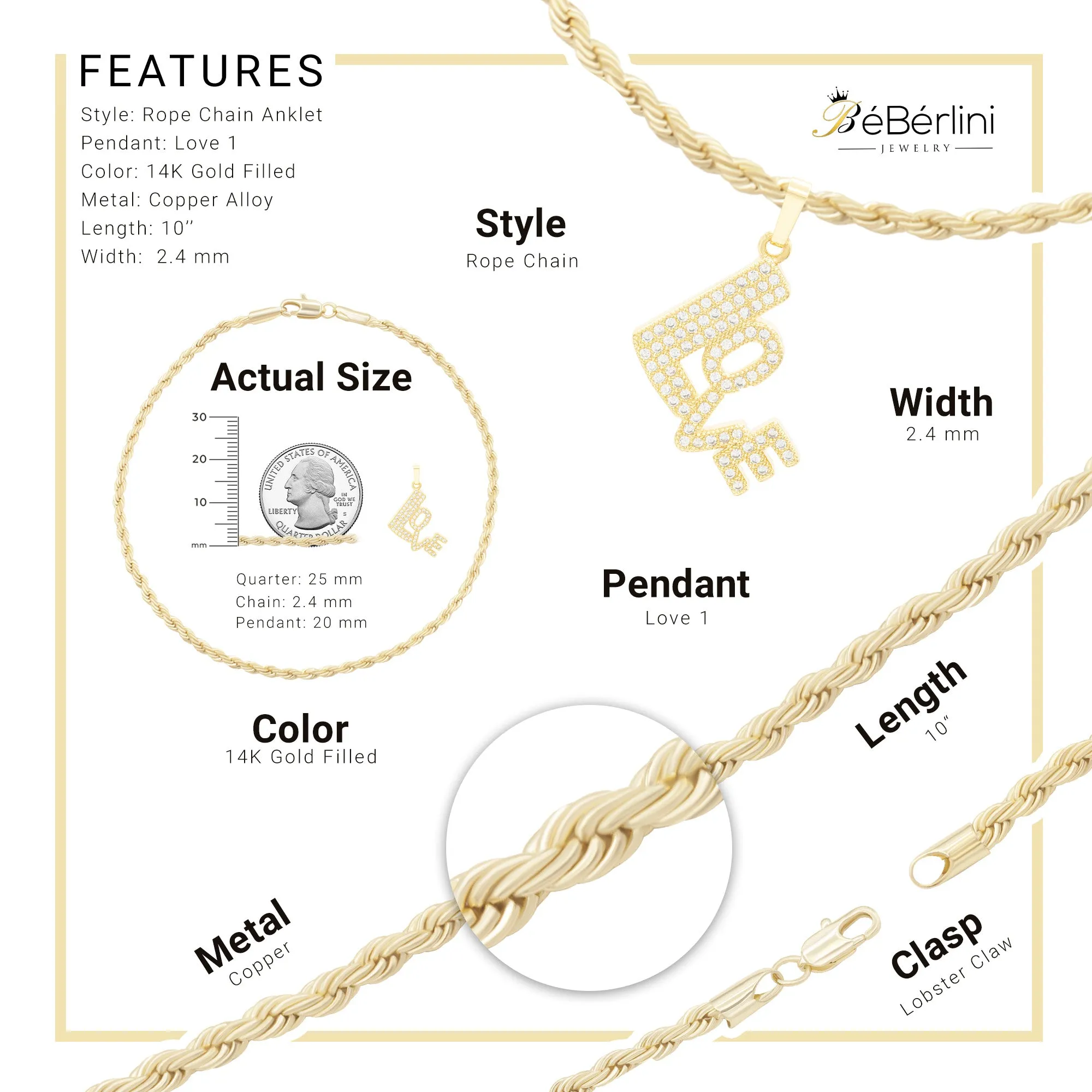 Love CZ Pendant 14K Anklet Bracelet Gold Filled Cubic Zirconia Charm Rope Foot Set 10" WomenJewelry