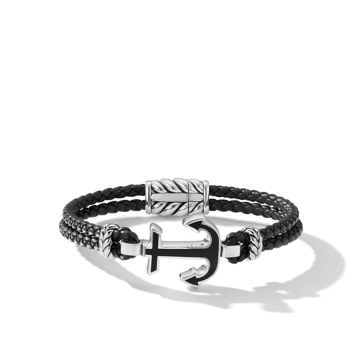 Maritime® Anchor Station Black Leather Bracelet with Black Onyx