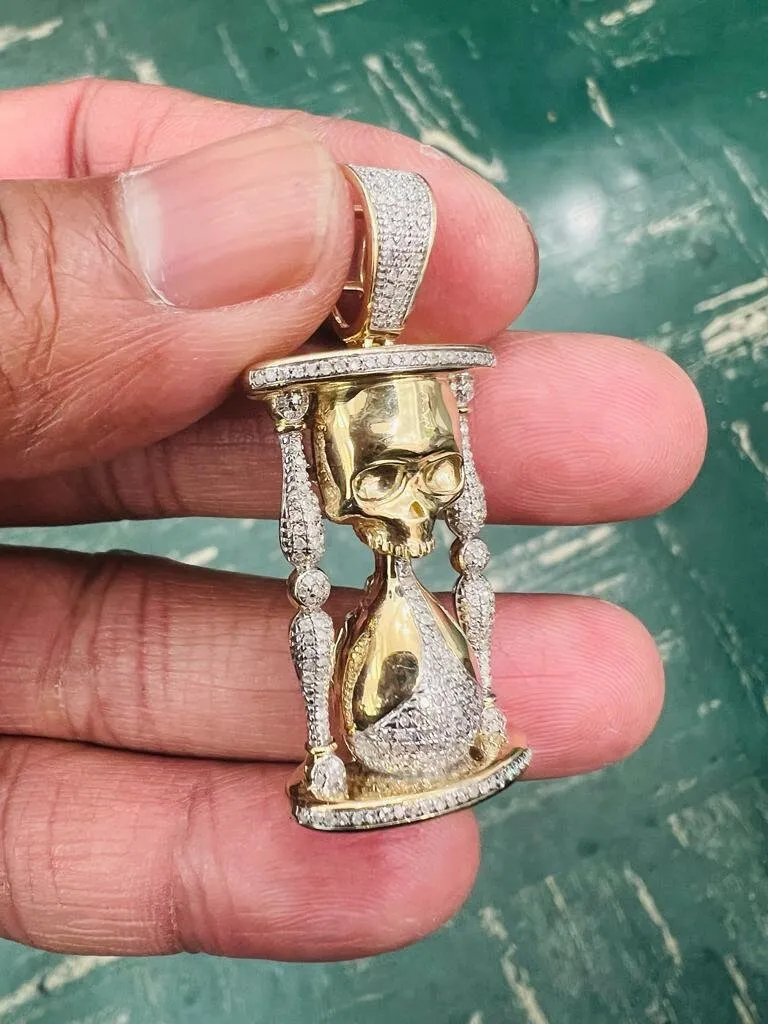 Men's 10K Yellow Gold Real Diamond Skull Timer Pendant Charm .59 CT 45mm | Life Minutes Pendant, Diamond Hourglass Pendant For Men Women