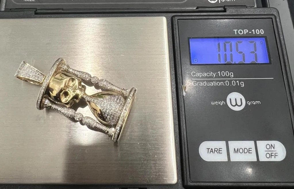 Men's 10K Yellow Gold Real Diamond Skull Timer Pendant Charm .59 CT 45mm | Life Minutes Pendant, Diamond Hourglass Pendant For Men Women