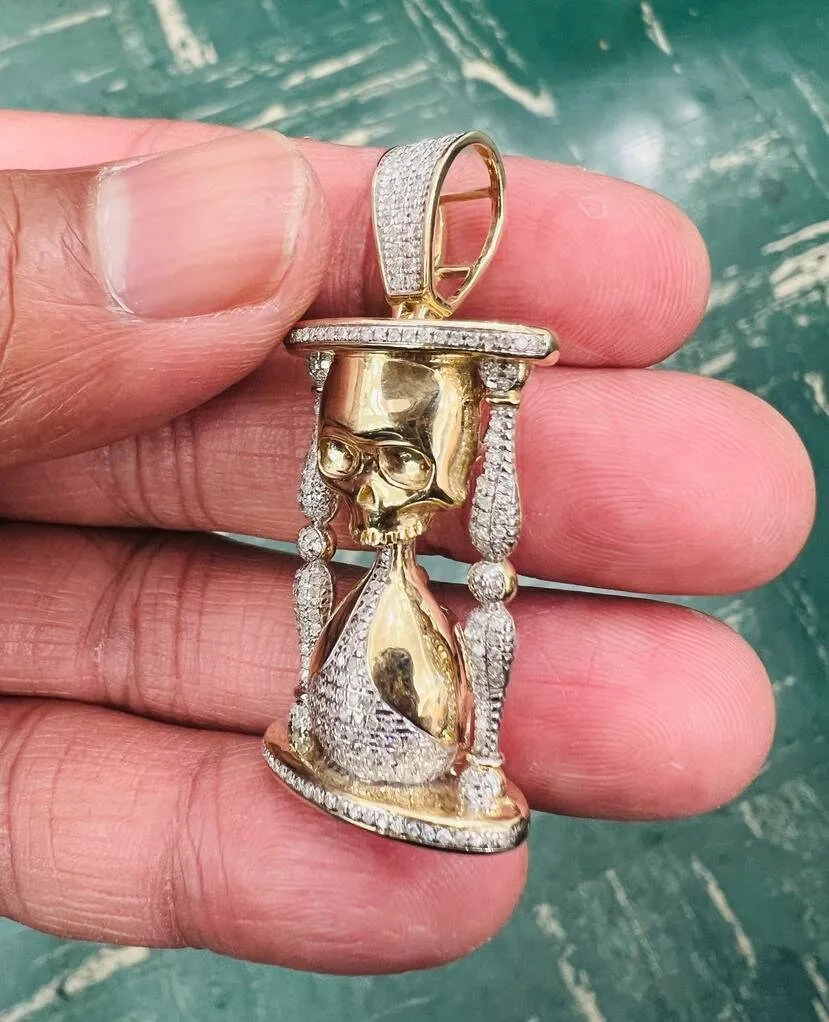 Men's 10K Yellow Gold Real Diamond Skull Timer Pendant Charm .59 CT 45mm | Life Minutes Pendant, Diamond Hourglass Pendant For Men Women