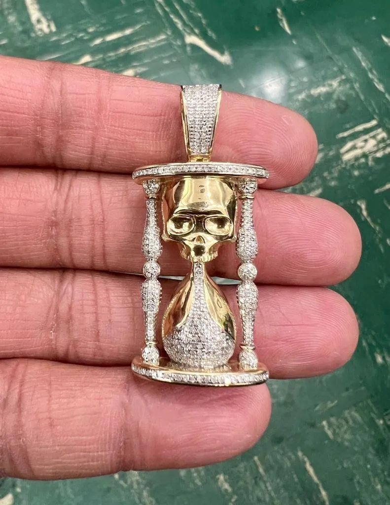 Men's 10K Yellow Gold Real Diamond Skull Timer Pendant Charm .59 CT 45mm | Life Minutes Pendant, Diamond Hourglass Pendant For Men Women