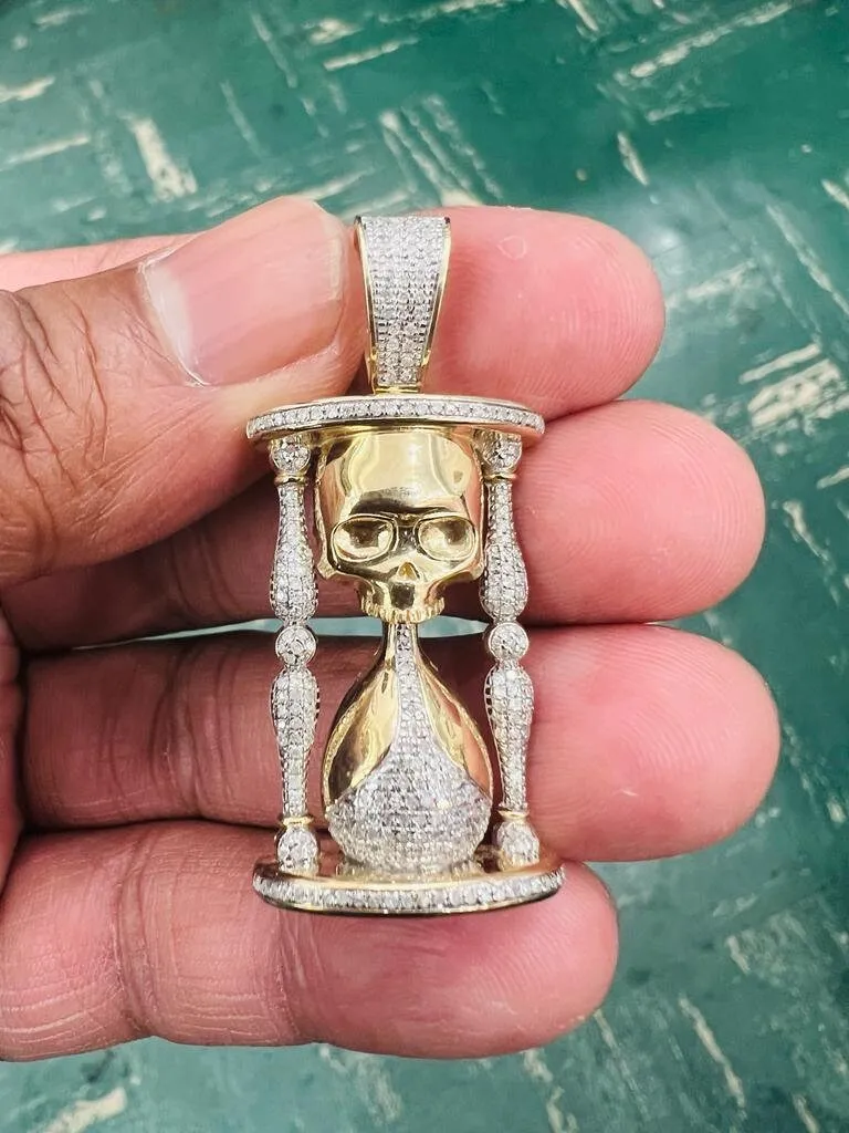 Men's 10K Yellow Gold Real Diamond Skull Timer Pendant Charm .59 CT 45mm | Life Minutes Pendant, Diamond Hourglass Pendant For Men Women