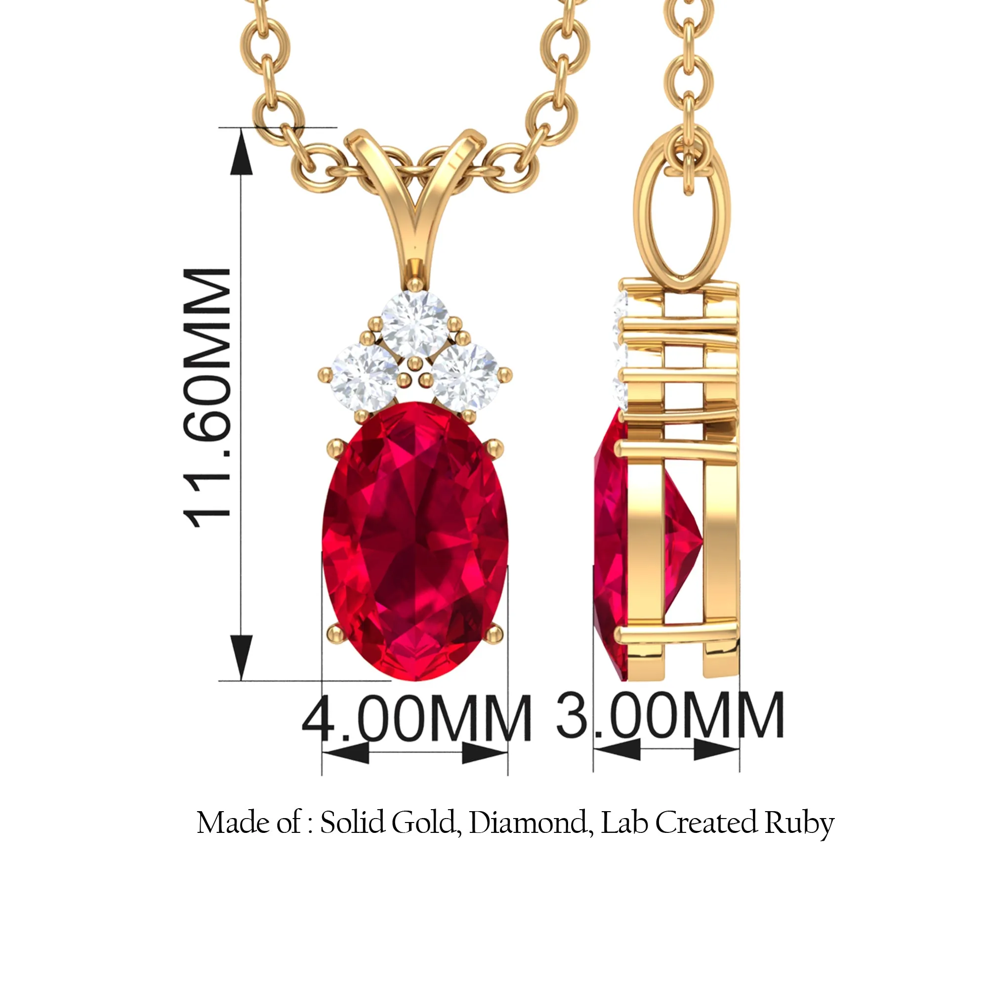 Minimal Oval Created Ruby Pendant with Diamond Stones