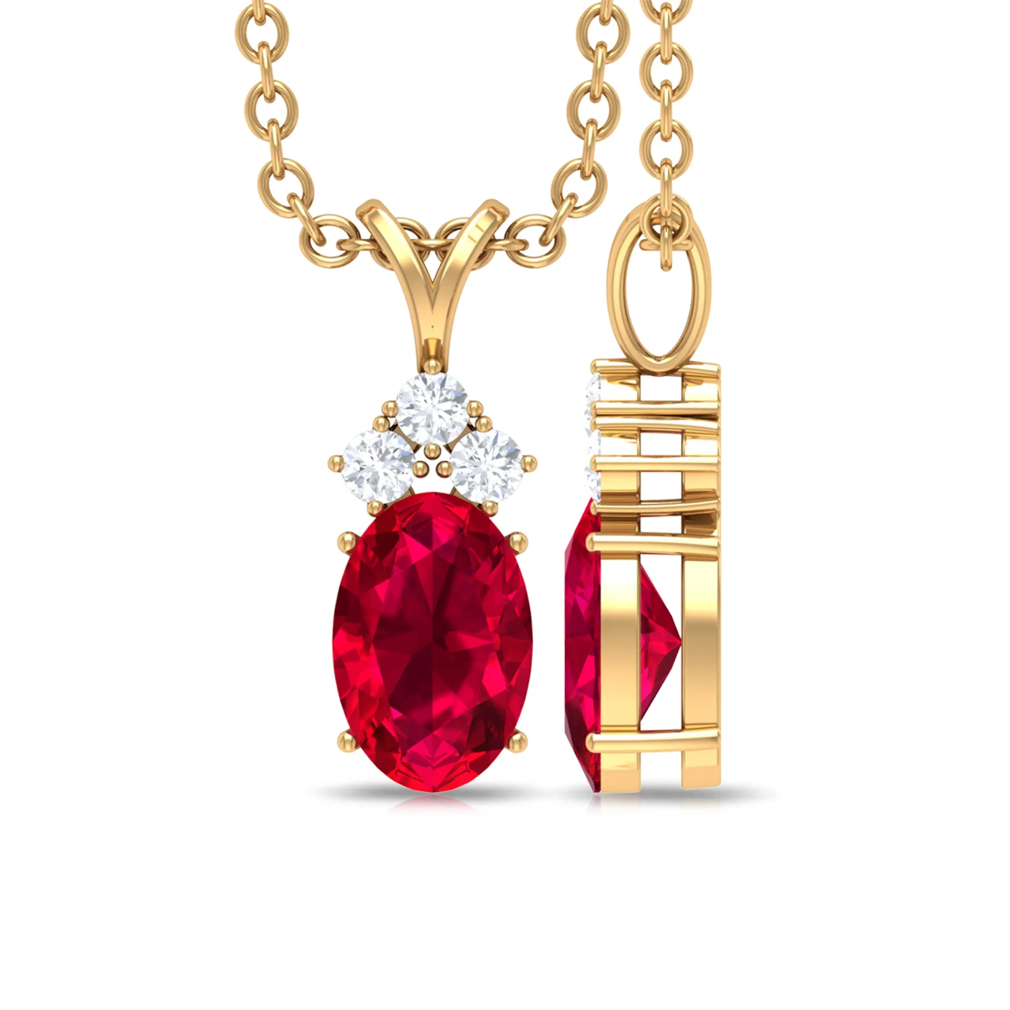 Minimal Oval Created Ruby Pendant with Diamond Stones