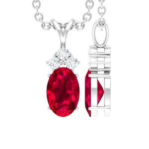 Minimal Oval Created Ruby Pendant with Diamond Stones
