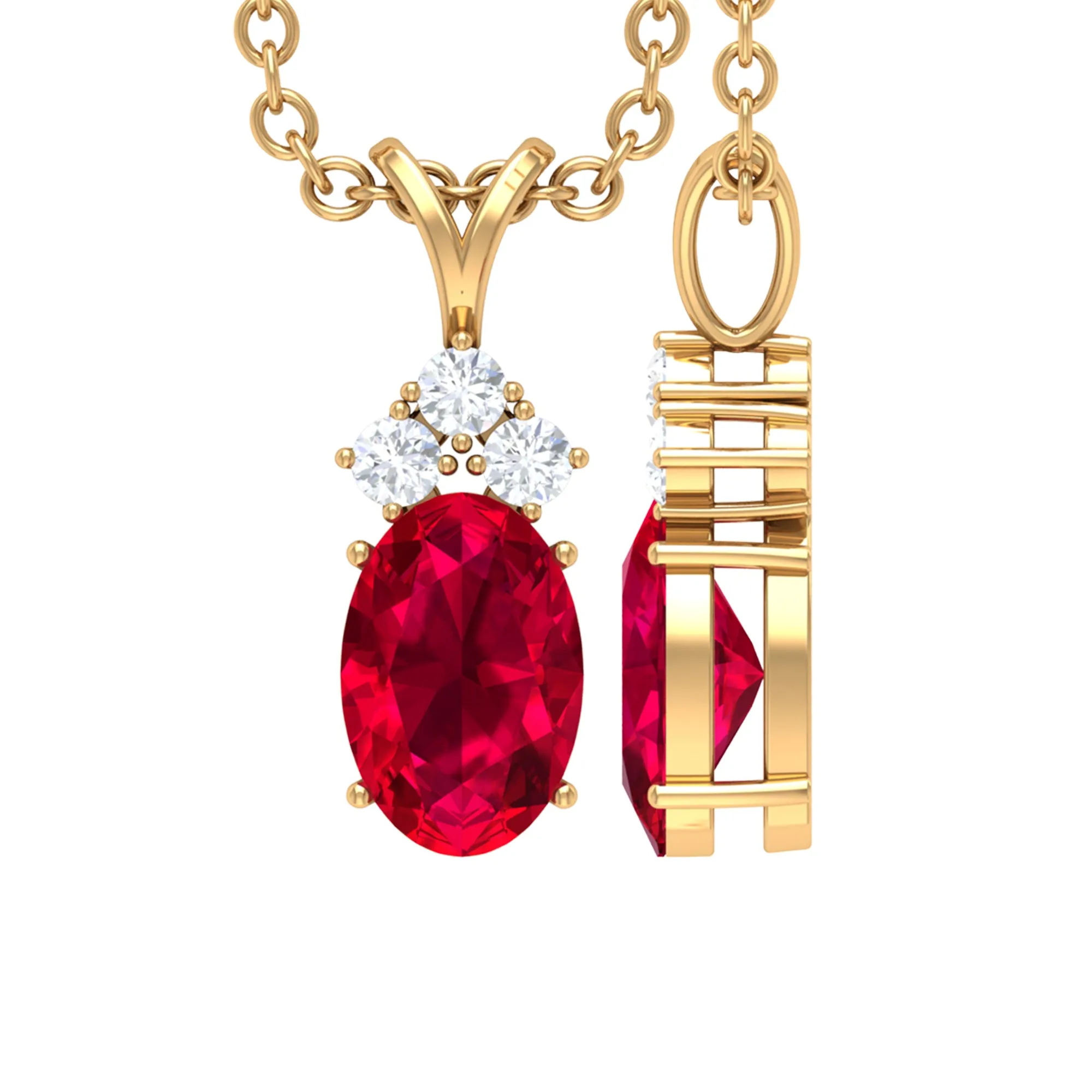Minimal Oval Created Ruby Pendant with Diamond Stones