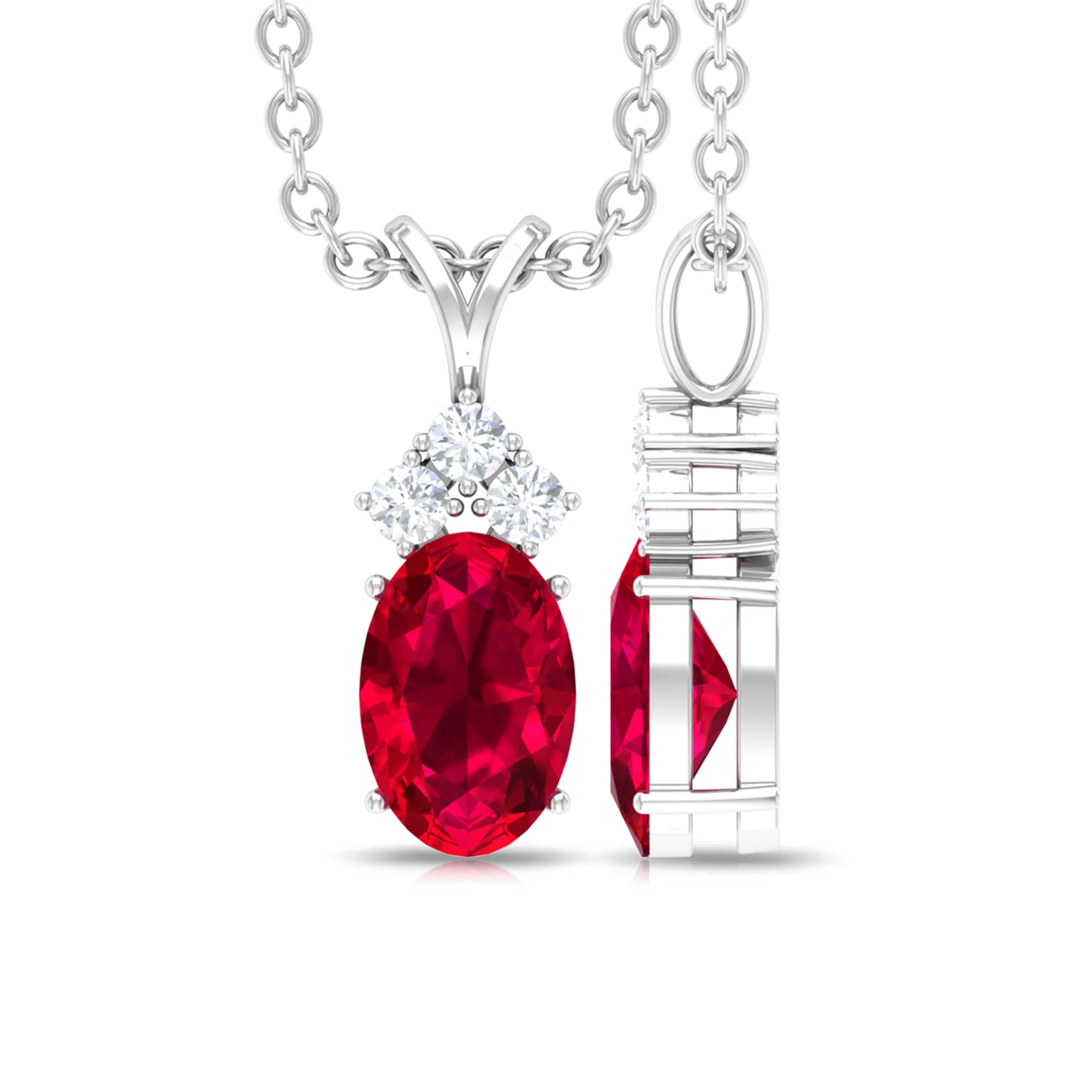 Minimal Oval Created Ruby Pendant with Diamond Stones