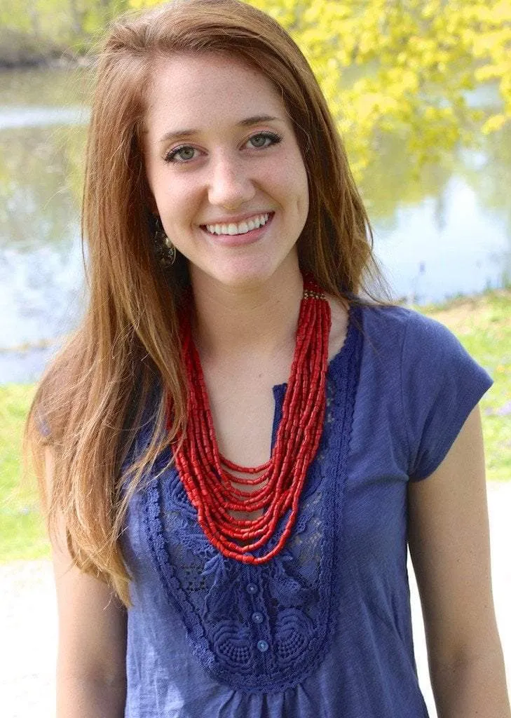 Modern Faux Coral Tibetan 10 Strand Necklace