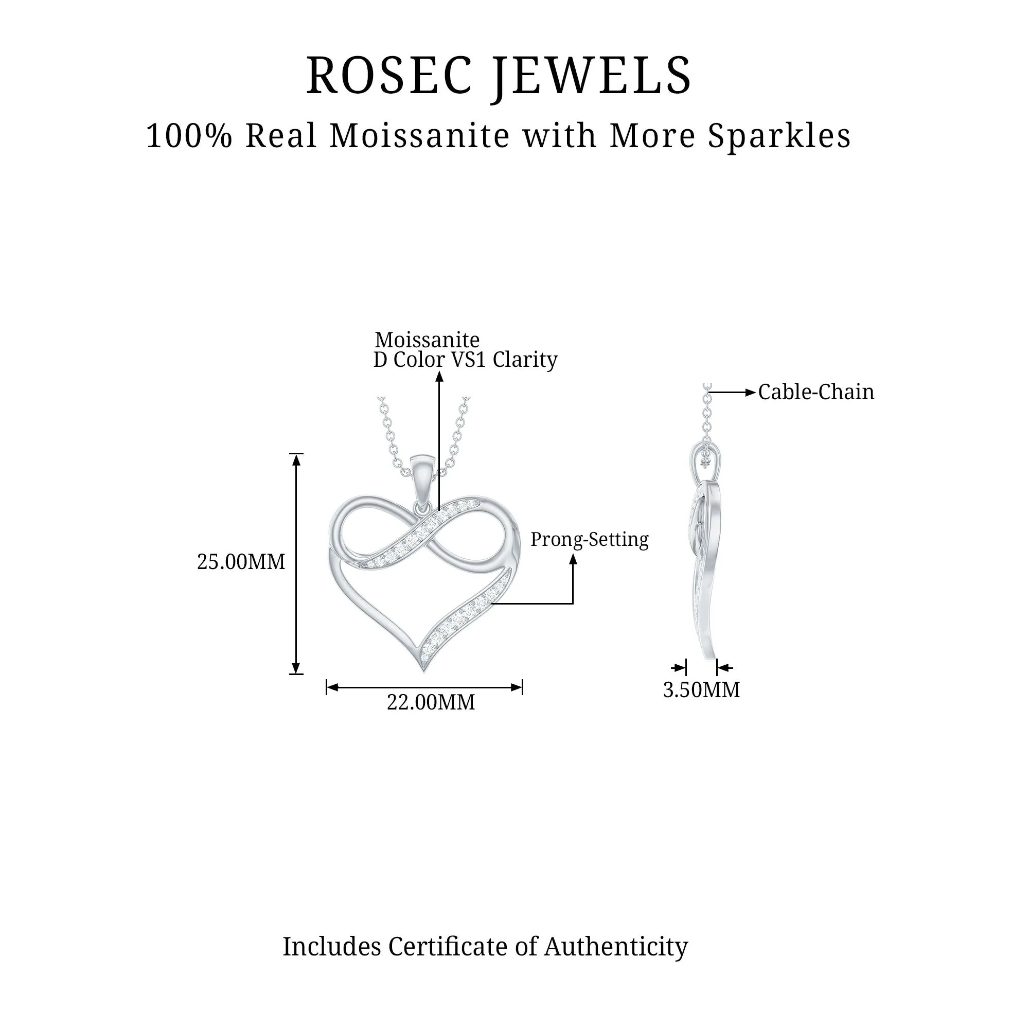 Moissanite Infinity Heart Pendant Necklace in Silver