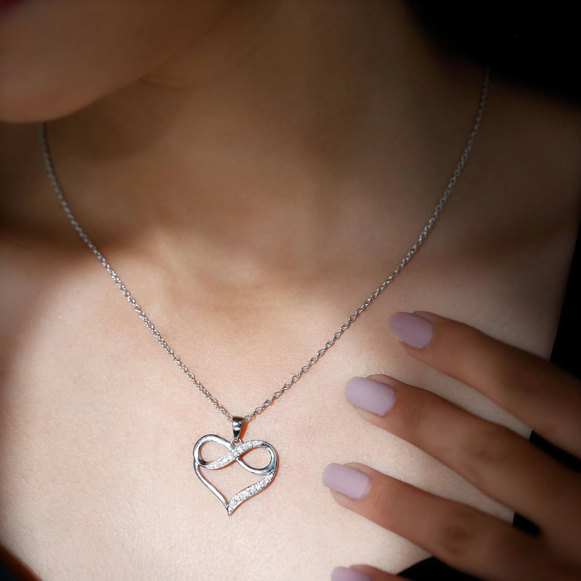 Moissanite Infinity Heart Pendant Necklace in Silver